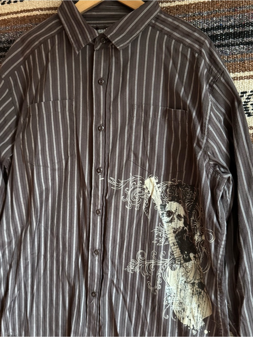 Machine Button Down Shirt Mens XL Brown Pinstripe Shirt Skull Guitar Affliction